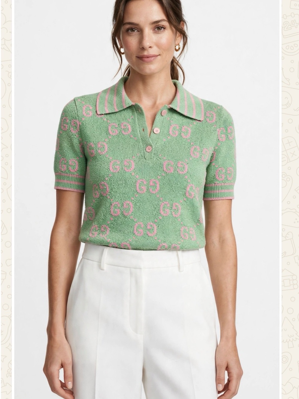 Gucci Green Polo Knit Top with Pink GG Motif